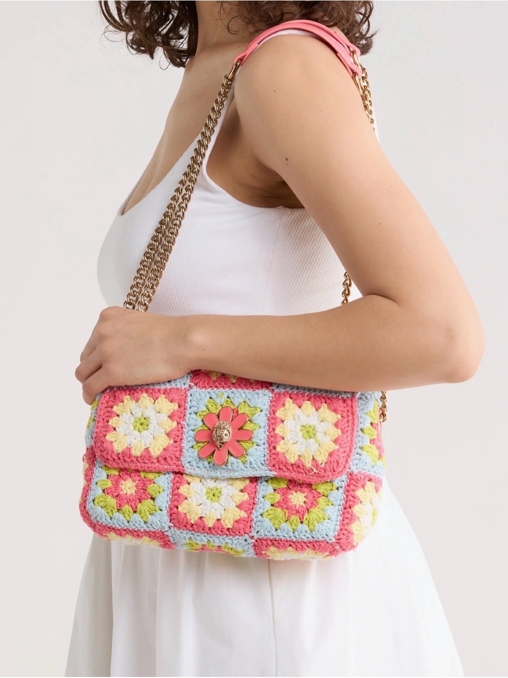 Kurt Geiger Crochet Floral Shoulder Bag in Pink, Light Blue and Yellow - Picture 1 of 6